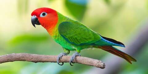 Fototapeta premium Tropical Brilliance: A Close-Up of a Colorful Parrot with Red and Green Vibrant Feathers Perched on a Branch in Its Natural Avian Habitat