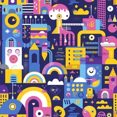 Naklejka premium Vibrant Abstract Cityscape with Playful Patterns and Colorful Illustrations