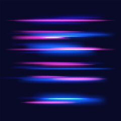 High speed effect motion blur night lights blue and red. Futuristic neon light line trails. bright sparkling background. Purple glowing wave swirl, impulse cable lines. Long time exposure. Vector