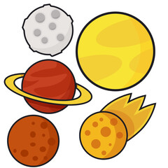 Set of Sun, Space Comet, Saturn and Moon