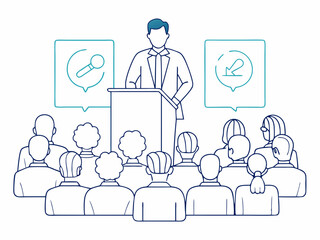 continuous single line drawing of keynote speaker and audience at business conference, line art vector illustration
