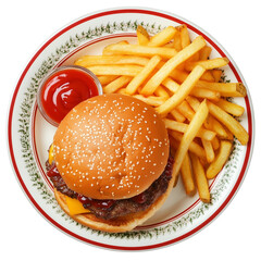 hamburger and french fries on traditional plate