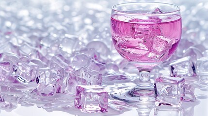  A glass with pink liquid rests atop an ice cube pile on a table