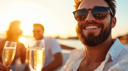 A group of people celebrating with champagne at sunset, capturing the joy and elegance of the moment. The setting sun creates a warm, golden backdrop for the celebration.