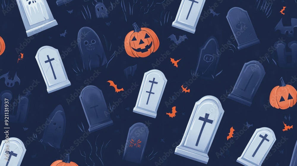 Wall mural flat halloween background with clean, simple tombstone and graveyard icons arranged in a repeating p