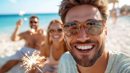 Obraz premium A group of friends, two men and a woman, enjoying a playful beach day, holding sparklers, wearing casual summer clothes, and smiling with the ocean in the background.