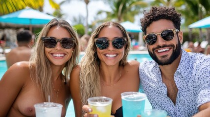 Three friends having a great time at a poolside party, smiling and holding colorful drinks, enjoying the sunny day, and reflecting a moment of celebration and summertime joy.