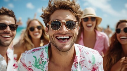A group of friends on the sunny beach, radiating joy and cheerfulness as they celebrate together, dressed in vibrant summer attire and sunglasses, exuding happiness.