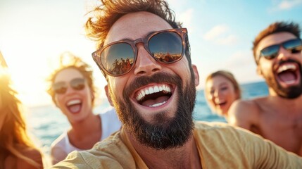 Obraz premium A group of friends share joyful moments during a scenic boat ride at sunset, their faces full of happiness and their surroundings glowing with golden light.