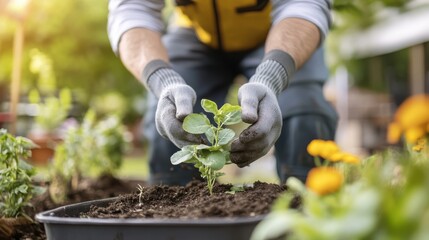 A gardener is seen planting a healthy seedling in a large black container, symbolizing growth and nurturing, with vibrant green plants surrounding the focused individual outdoors.