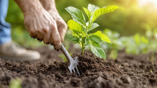 The image shows hands planting a green seedling into fertile soil, emphasizing the foundational concepts of growth, care, and connection to nature in the gardening process.
