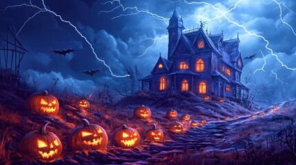 Halloween background with a haunted house on a hill, lit by lightning, with a path lined with sinister-looking pumpkins