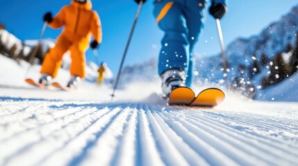 Naklejka premium A close-up image showing skiers' boots and ski poles as they glide over a freshly groomed snow slope, capturing the texture of the snow and the dynamic movement.