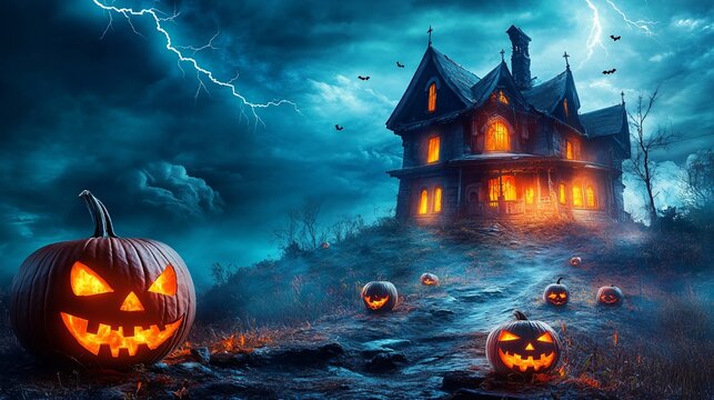 Halloween background with a haunted house on a hill, lit by lightning, with a path lined with sinister-looking pumpkins