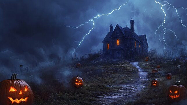 Halloween background with a haunted house on a hill, lit by lightning, with a path lined with sinister-looking pumpkins