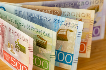 Swedish krona. Financial economic concept. Banknotes arranged by value. Sweden currency symbol SEK