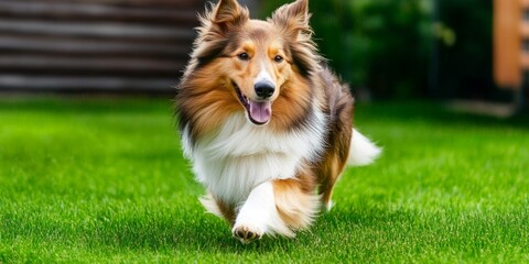 Joyful Collie Dog Playfully Running on Lush Green Grass, Exuding Happiness and Energy in a Serene Natural Setting