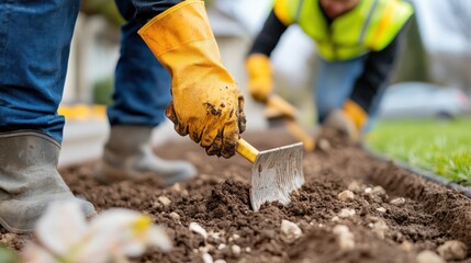 A worker in protective gear is engaged in digging the soil with manual tools, preparing the ground for a gardening task that will contribute to the beautification of the landscape area.