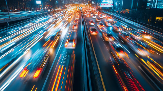 High speed urban traffic on a city highway during evening rush hour, car headlights and busy night transport captured by motion blur lighting effect and abstract long exposure