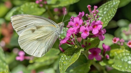 Naklejka premium A white butterfly rests on a purple flower, surrounded by green foliage and pink blossoms in the background