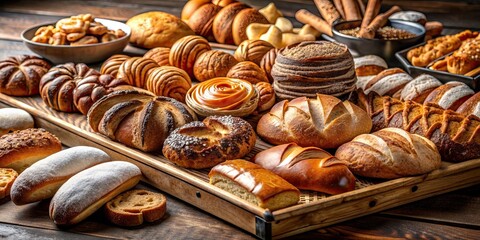 Assorted pastries and bread arranged on a tray at a bakery shop, pastries, bread, assorted, tray, bakery, shop