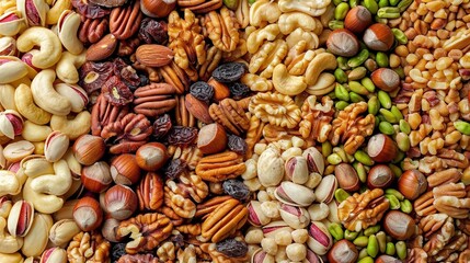 Naklejka premium A mix of nuts, including almonds, cashews, and raisins, arranged in various shapes and sizes