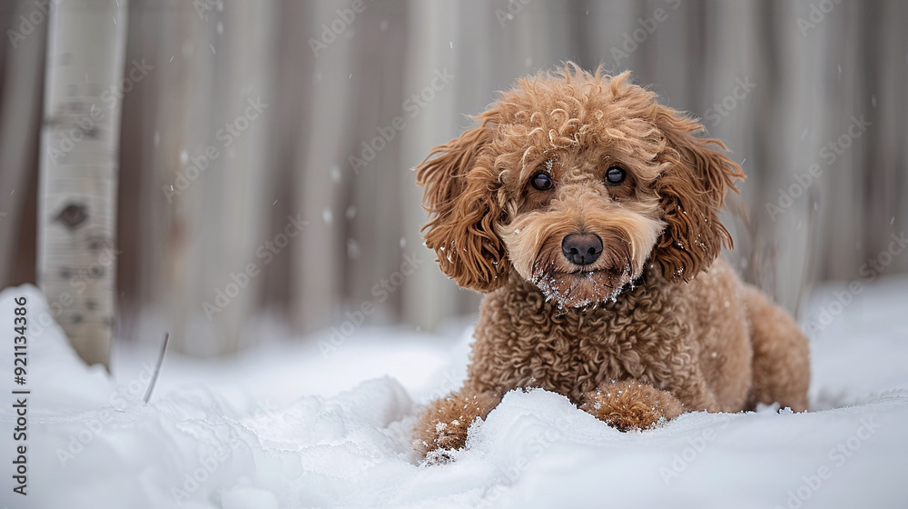 Wall mural   A brown dog sitting in snow in front of forest with thermometer