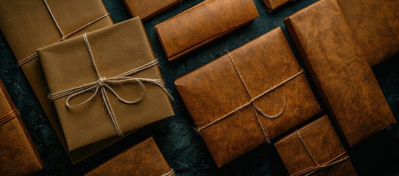 Flat lay of brown paper packages tied with twine on a blue background. Rustic, vintage, and eco friendly packaging concept.
