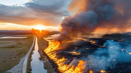 A large wildfire spreads across open fields beside a canal, filling the sky with dark smoke and illuminating the surroundings with intense orange flames, signifying chaos.