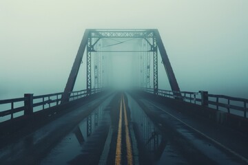 Fototapeta premium A serene bridge shrouded in fog, creating a mysterious and tranquil atmosphere in the landscape, A bridge disappearing into the fog AI generated