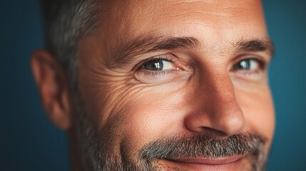 Obraz premium Close-up Portrait of a Man with a Warm Smile: A captivating portrait of a man, featuring his captivating eyes and a hint of a warm smile, evoking a sense of confidence and kindness. This image is perf
