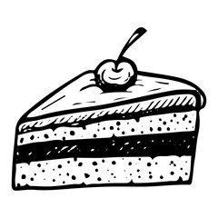 Piece of cake with filling hand drawn doodle. Sweet biscuit dessert food. Confectionery sugar pastry. Bakery product. Baked cake with cream and cherry. Vector outline line art illustration.