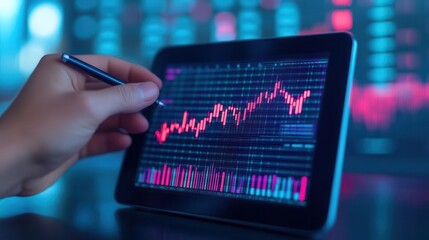 Investor checking stock performance on a holographic tablet at a trade show, Cyberpunk, Neon colors, Sharp focus, Hightech