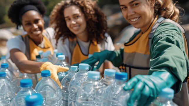 Three women are involved in sorting and organizing plastic bottles, highlighting their contribution to recycling efforts and environmental conservation in a cooperative setting.