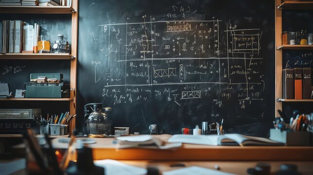 A wooden desk with a black board filled with math equations and a book open in front of it.