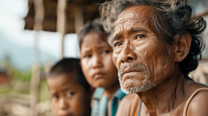 Obraz premium An elderly man with a thoughtful expression is seen with children in the background, symbolizing wisdom, family strength, and the passing down of lived experiences.