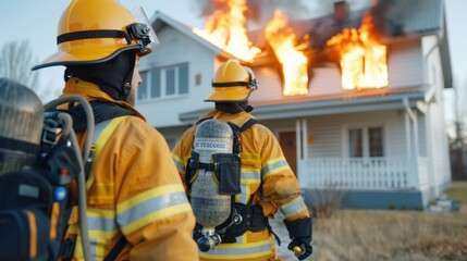 In daylight, firefighters are seen responding to a house on fire, emphasizing their bravery and the urgent effort to control the flames and ensure public safety.