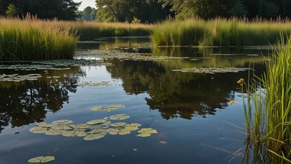 Obraz premium A peaceful pond surrounded by tall grasses and dragonflies darting above