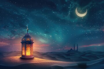 Lantern Shining in Moonlit Desert, Illuminating Sand Dunes and Starry Sky During Ramadan Nights, Eid Mubarak Background