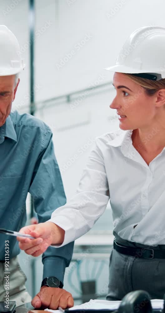 Poster Engineer, people and drawing with discussion in factory for project planning, collaboration and mechanical design. Manager, employee and conversation with technology in robotics facility for review.