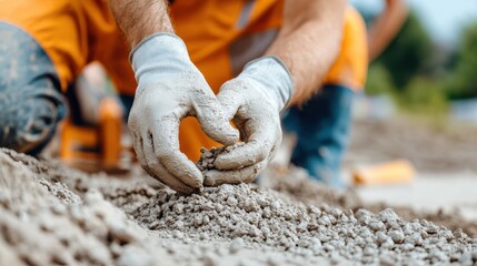 A construction worker wearing gloves and bright orange protective gear examines a handful of sand at a work site, highlighting the importance of material quality in construction.