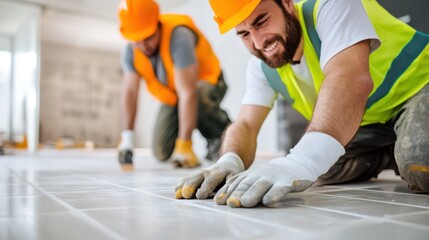 Fototapeta premium Two construction workers in protective gear are seen installing tiles on a floor, highlighting their precision and teamwork in ensuring a perfect and durable tile installation.