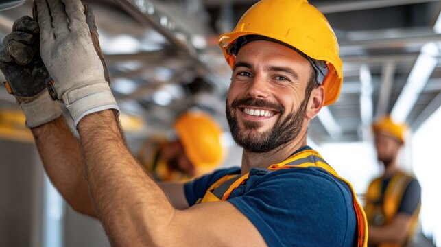 A smiling electrician in a yellow hard hat and gloves, confidently working on electrical installations, showcasing safety, skill, and positive attitude.