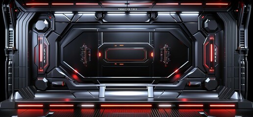 Futuristic sci fi door with red lights and metallic panels.  Abstract background for video game, movie, or design project.