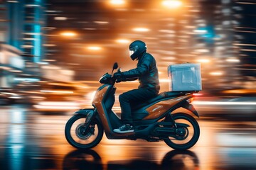 A delivery rider rides a motorcycle.