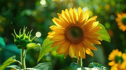 Naklejka premium A sunflower amidst a sea of sunflowers, bathed in golden light filtering through the surrounding trees