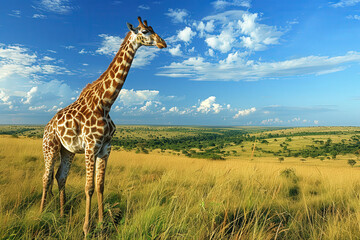 Obraz premium Majestic giraffe standing in the golden savanna during sunset, highlighting the beauty of wildlife in its natural habitat