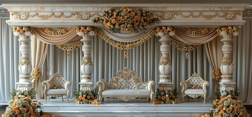 Ornate wedding stage decorated with flowers, drapes, and white chairs. Perfect for a traditional or elegant wedding ceremony.