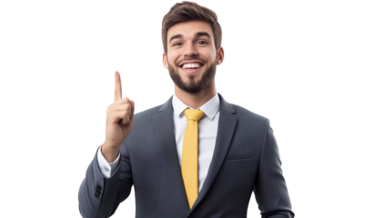 Young businessman in a suit raises his index finger. Expresses the meaning of increasing efficiency or effectiveness in business operations as number one. with a confident smile