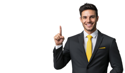 Young businessman in a suit raises his index finger. Expresses the meaning of increasing efficiency or effectiveness in business operations as number one. with a confident smile